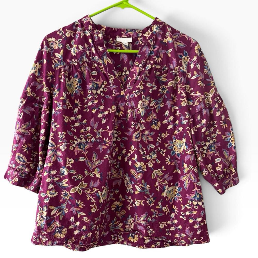 J. Jill Purple Floral V Neck 3/4 Sleeve Cotton Popover Blouse Size Medium